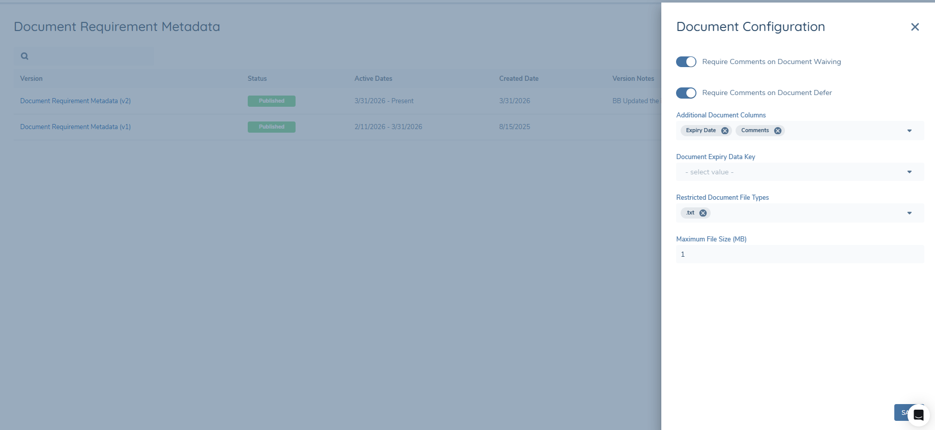 Document Configuration Screen