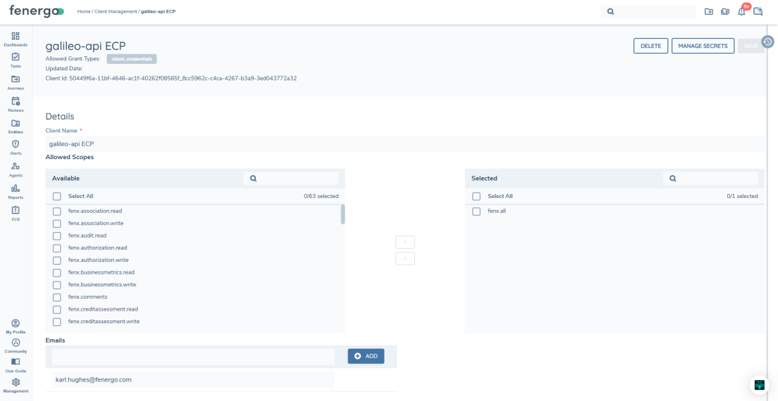 Client detail page showing the Client Id