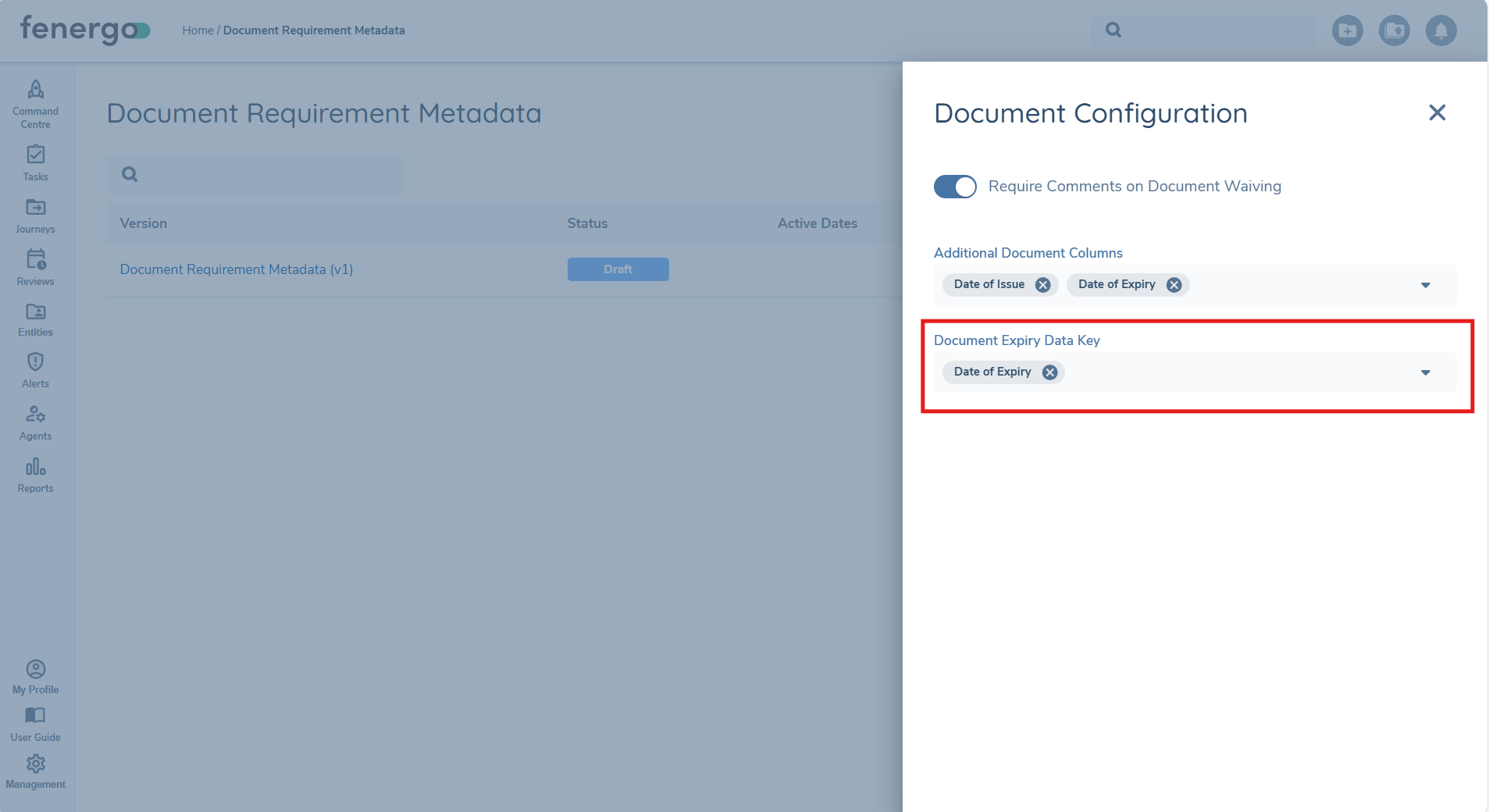 Configuration screen for Document Metadata