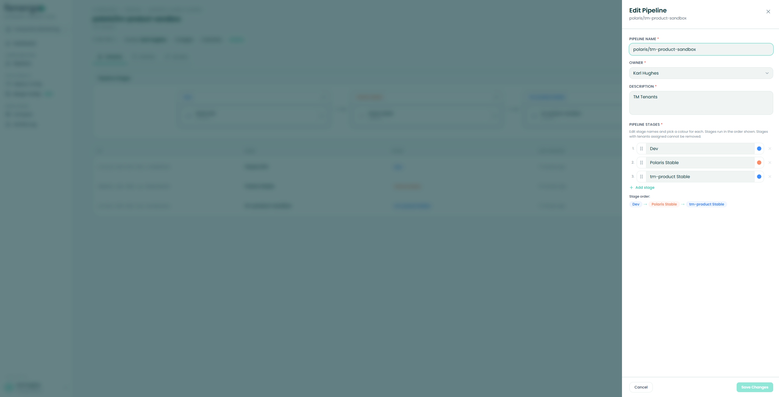 Editing Deployment Pipelines — the Edit Pipeline drawer