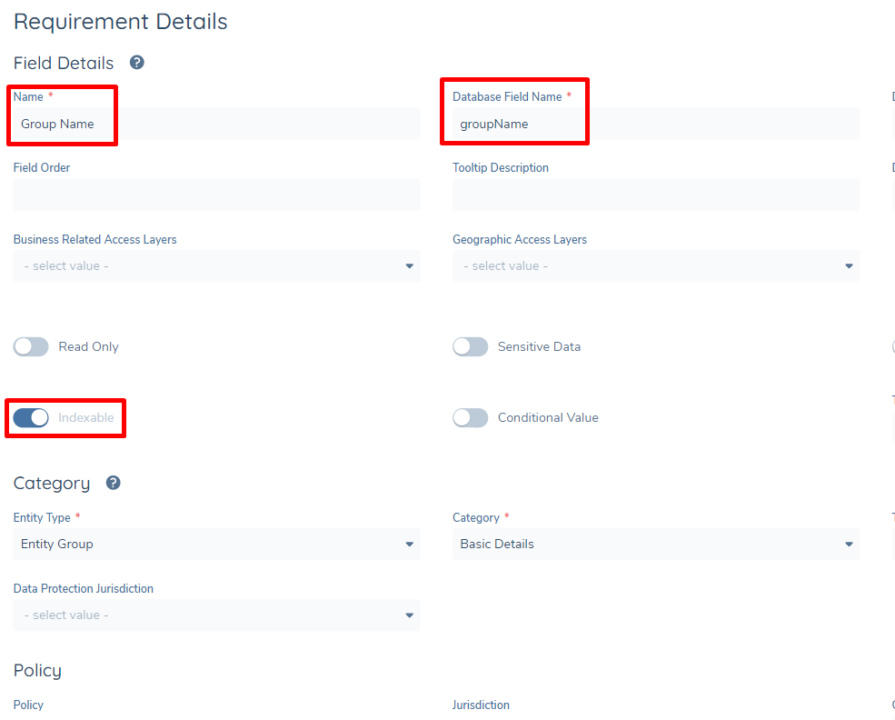 Group Name data key configured and Indexable field