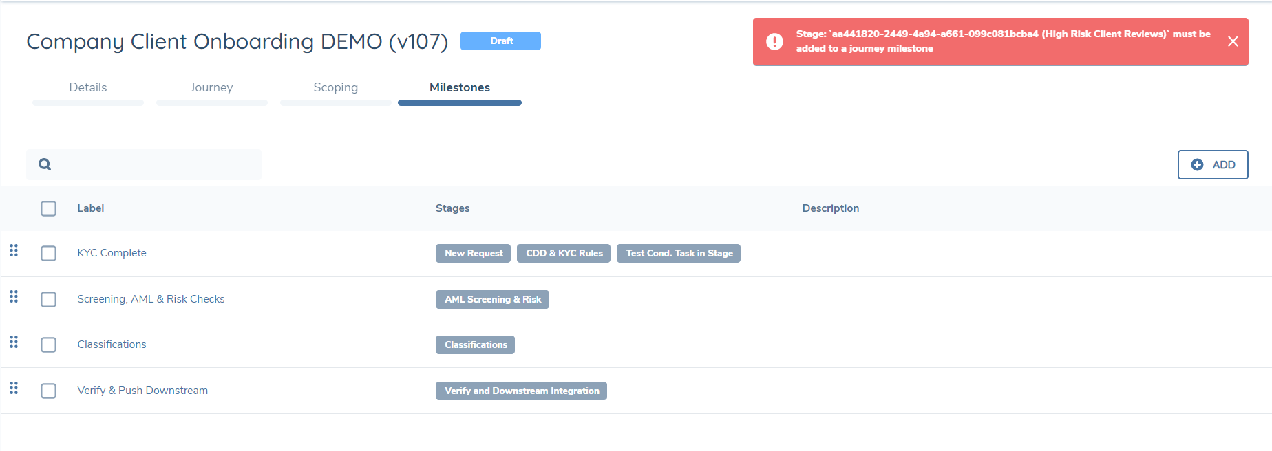 Milestones - Error Message