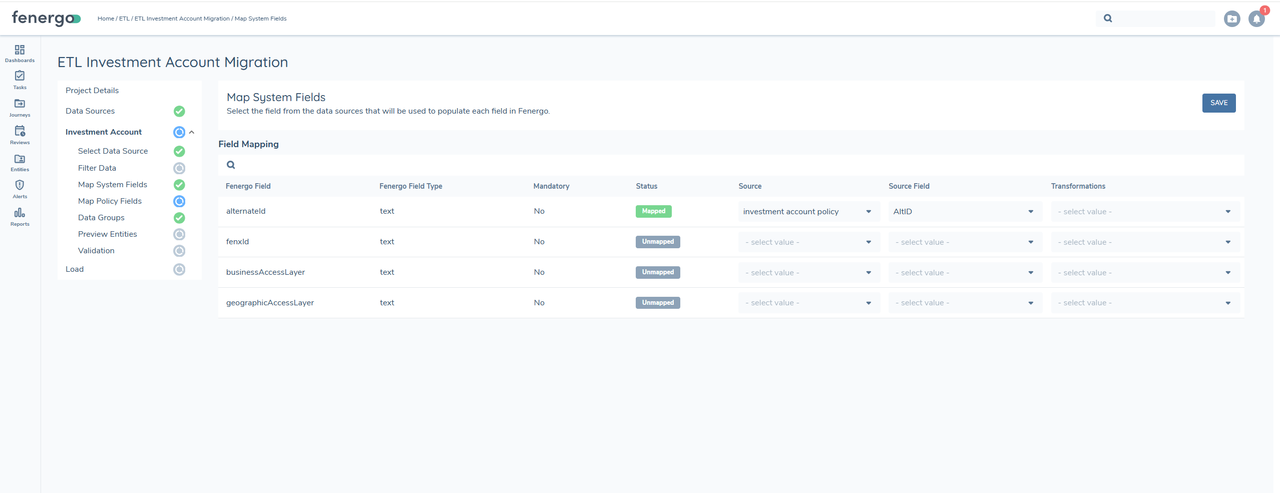 Investment Account Map System Fields