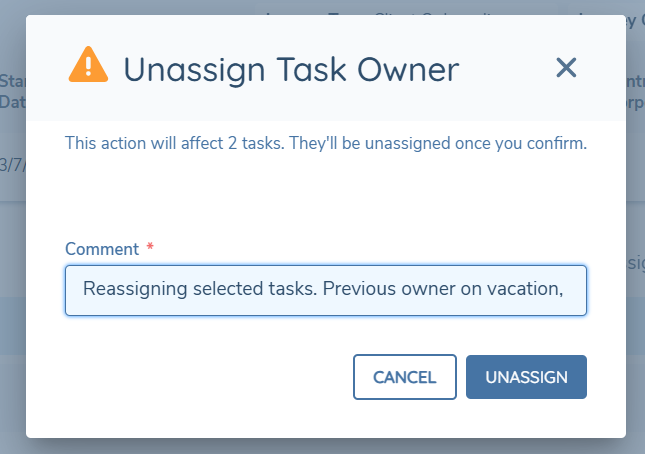 Unassign Task Owner confirmation modal showing the number of affected tasks and a mandatory comment field