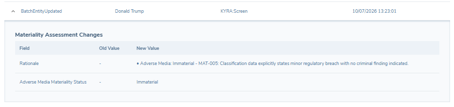 Audit view showing a materiality assessment completed by KYRA under the BatchEntityUpdated event type