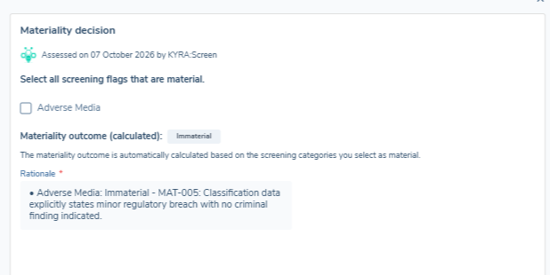 Materiality decision showing the KYRA rationale citing the instruction reference ID