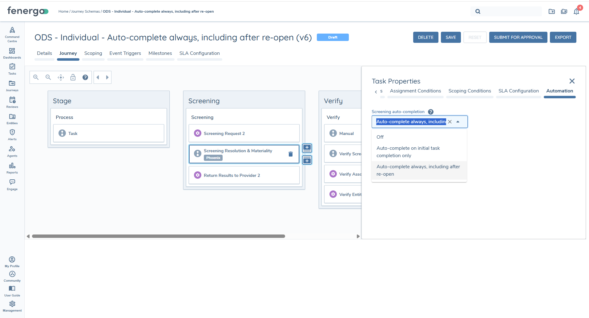 The Automation tab on a Screening Resolution &amp; Materiality task's Task Properties panel, showing the Screening auto-completion dropdown with its three options