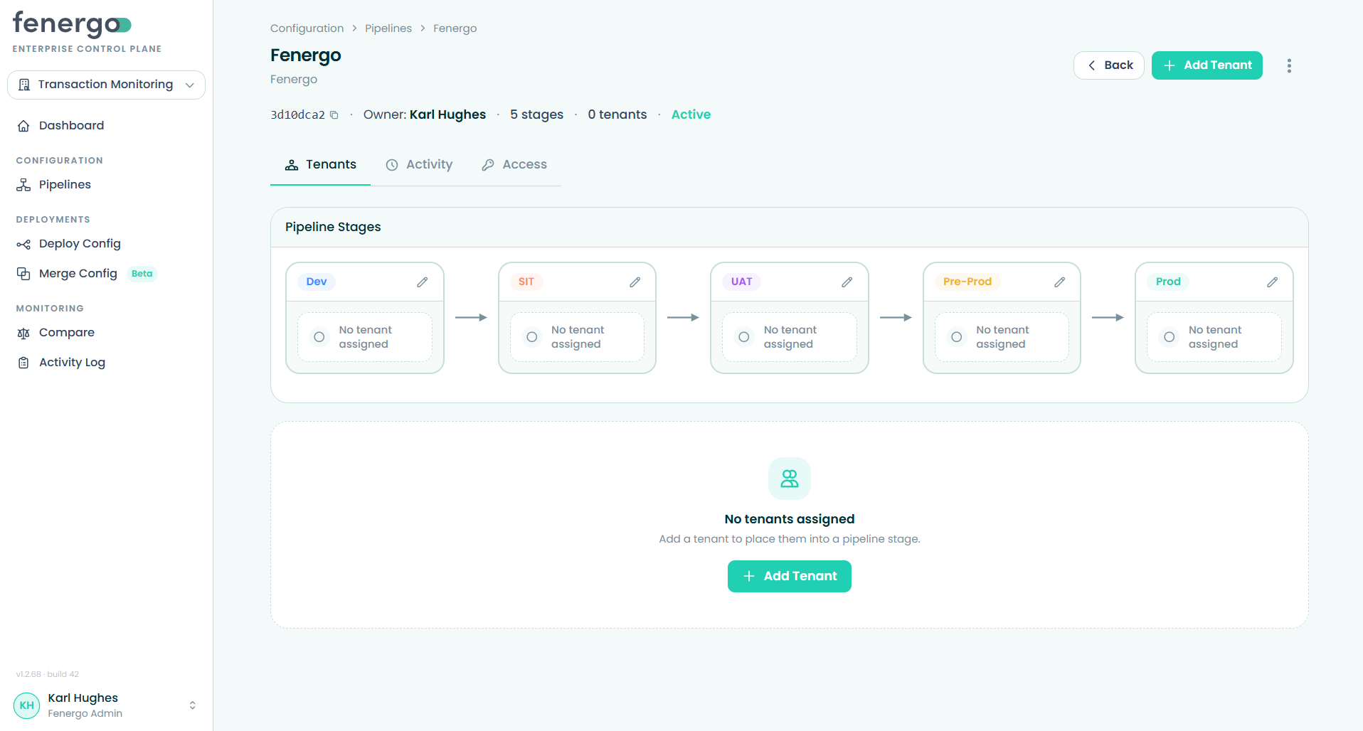 Deployment pipeline page with no tenants assigned yet