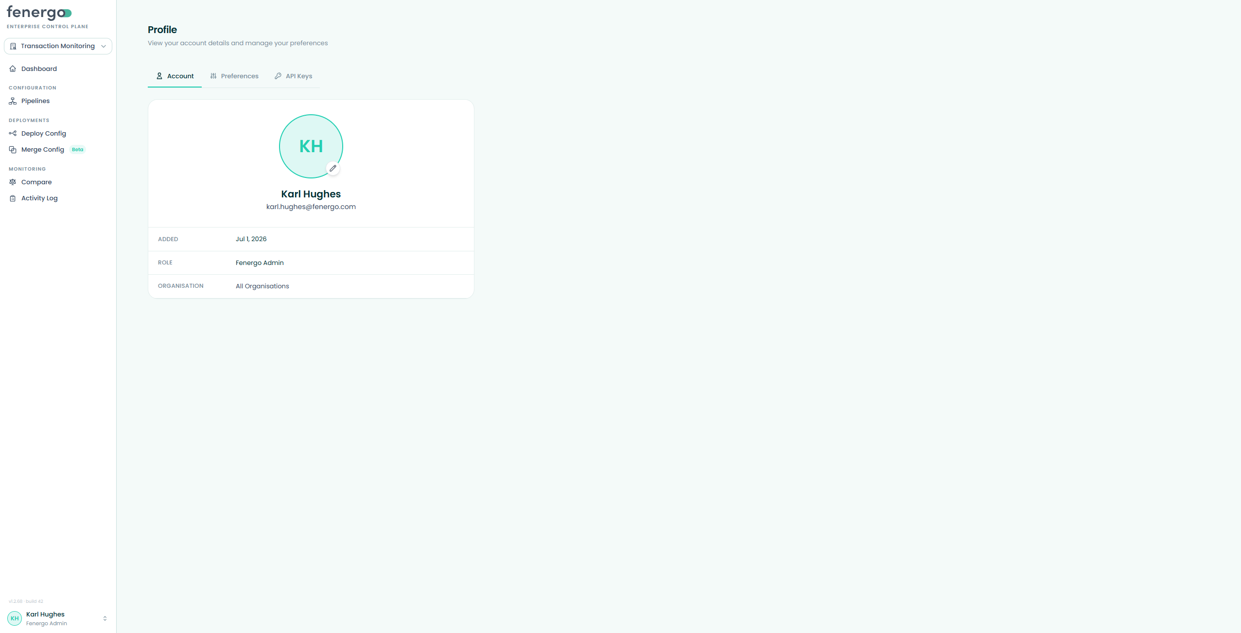 The Account tab, showing avatar, name, email, added date, role and organisation Profile — Account tab