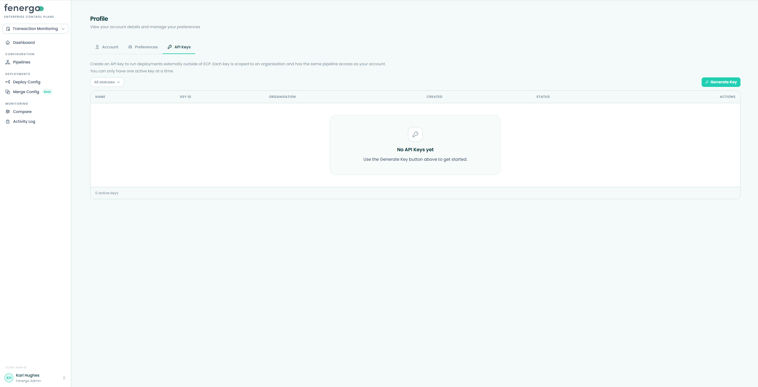 The API Keys tab, showing the Generate Key button and an empty key list Profile — API Keys tab