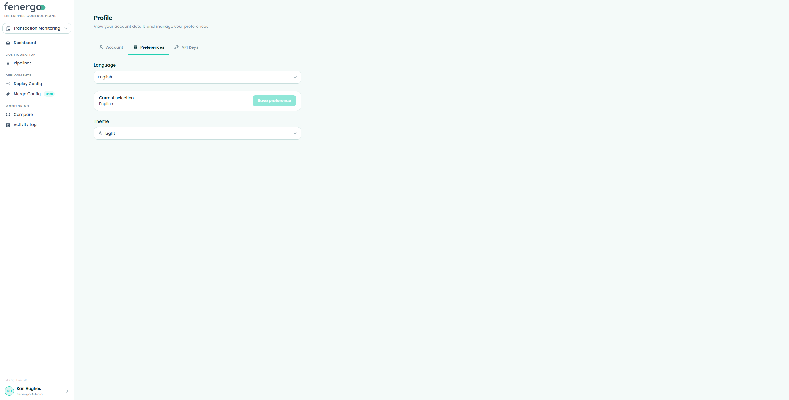 The Preferences tab, showing the Language dropdown with Save preference, and the Theme dropdown Profile — Preferences tab