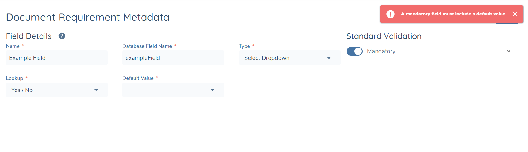 Doc Requirement Metadata Field Mandatory