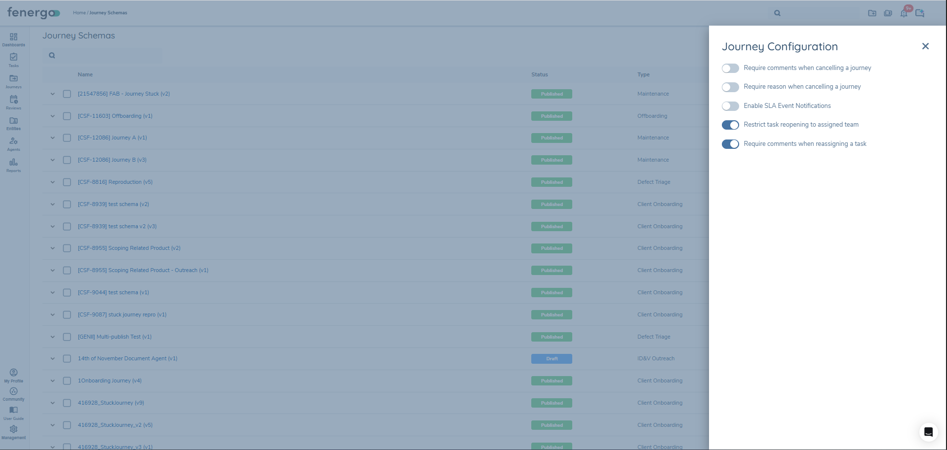 Journey Configuration panel showing the Restrict task reopening to assigned team toggle