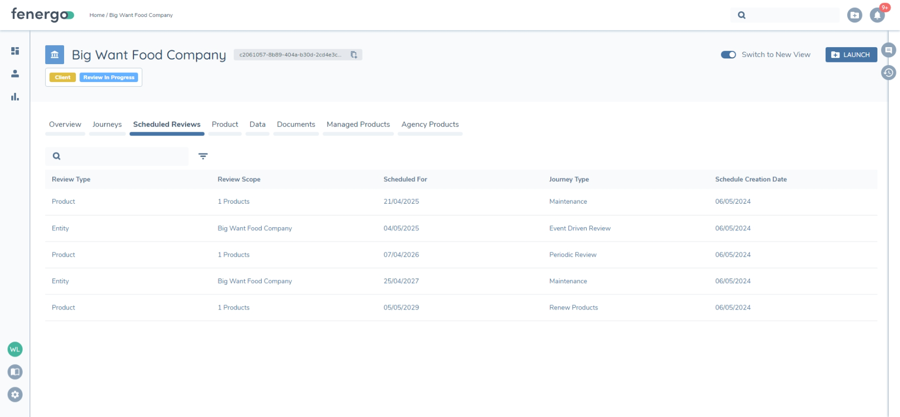 Scheduled Reviews on Entity Profile Page