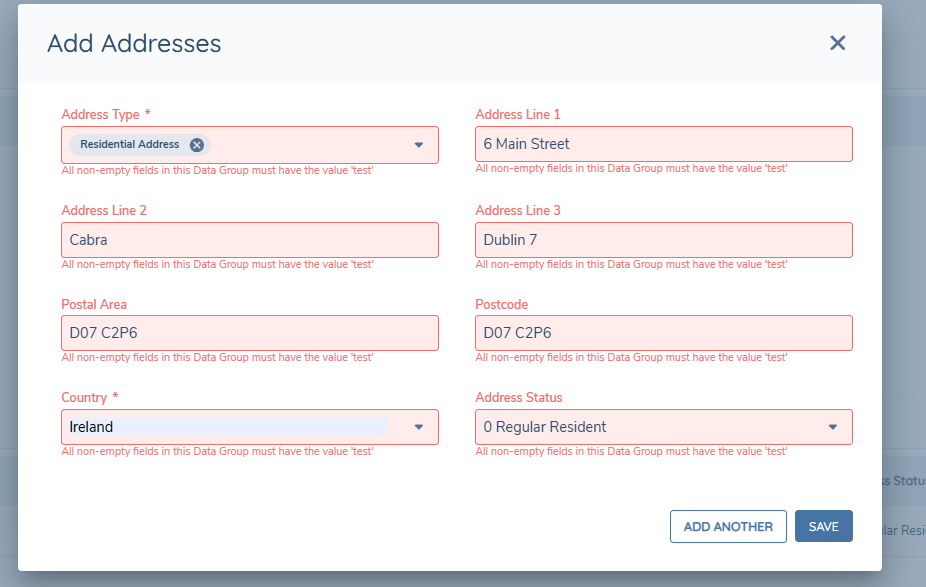 Add Addresses form showing external validation errors on all fields