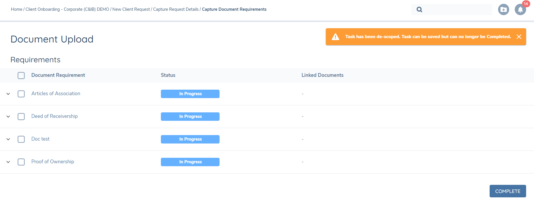 Warning Message for when a task has been de-scoped