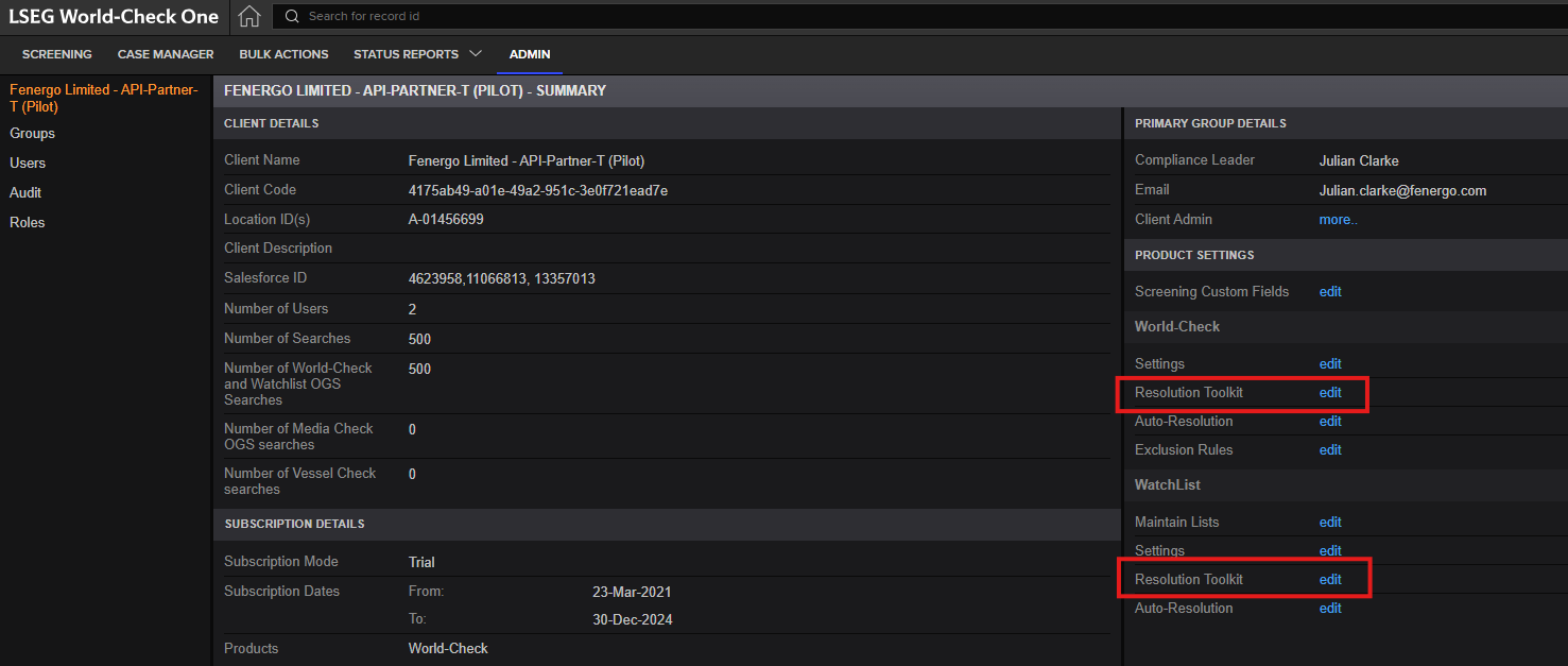 WCO Resolution Toolkit Settings